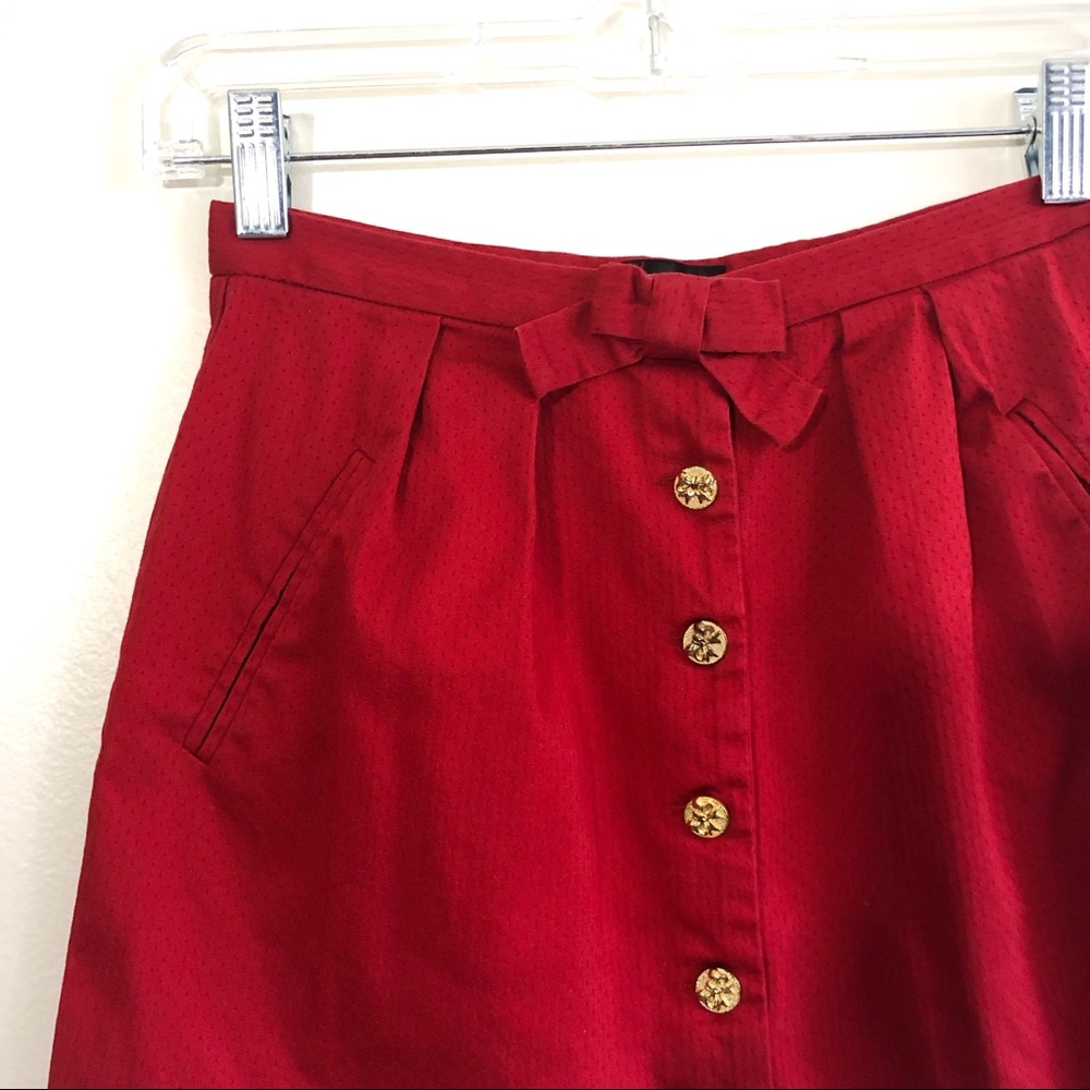 TopShop Red bow button down mini skirt crochet hem - Picture 2 of 8
